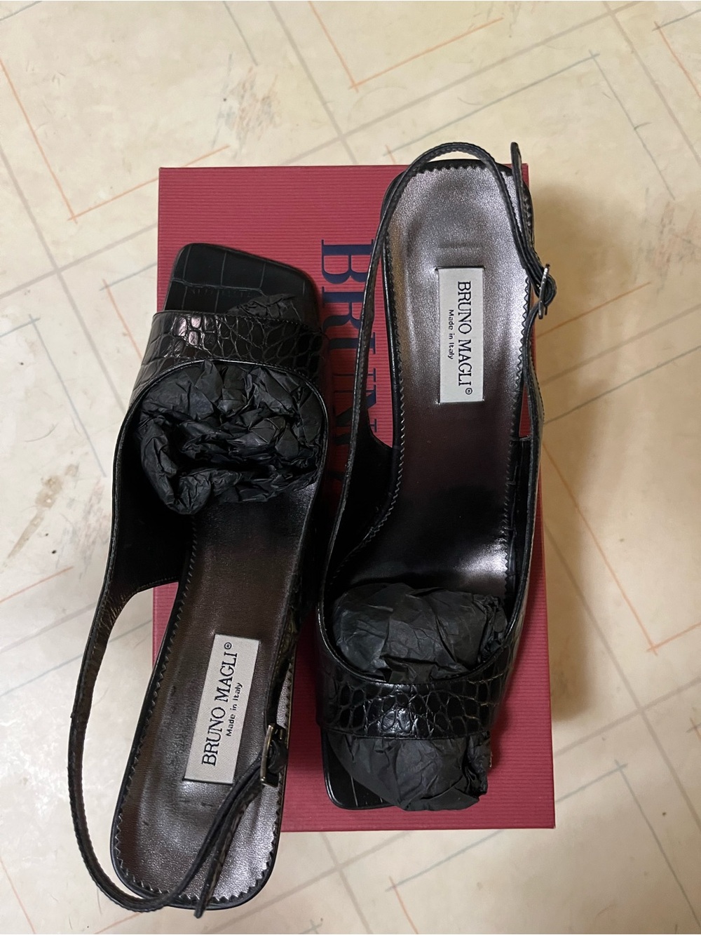 Bruno Magli Black Croc-Embossed Slingback Heels